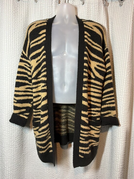 Sweaters - Intro Tiger Animal Print Open Front Cardigan Sweater With Pockets M Black Brown